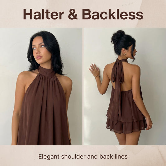 Komplet s halter ovratnikom in naborkanim mini krilom