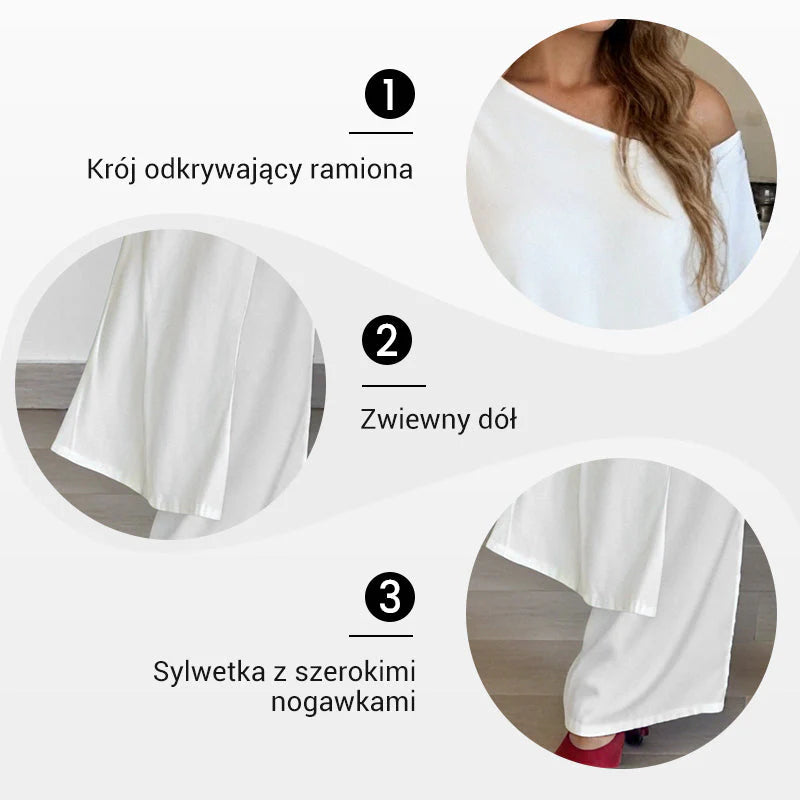 Enobarvni komplet top z golimi rameni in hlače