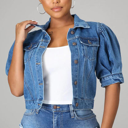 Ženska kratka jeans jakna z napihnjenimi rokavi