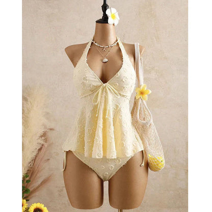 Tankini s halter V-izrezom in volančkom – žakardna tkanina, eleganten krojni videz