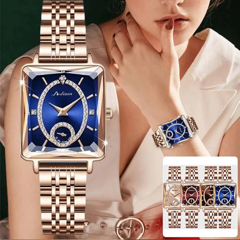 Modna kvadratna ženska ura iz rožnatega zlata z diamanti