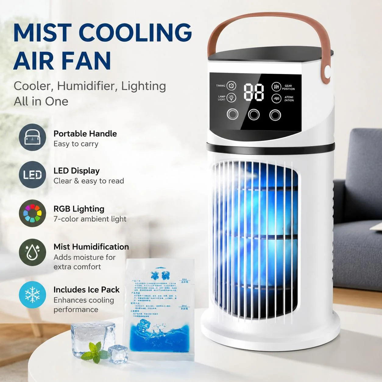 💨USB ventilator za tekočinsko hlajenje❄️ z RGB svetlobnimi učinki | 9 hitrosti ventilatorja, vlažilec zraka, nočna lučka🧊