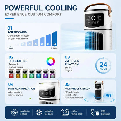 💨USB ventilator za tekočinsko hlajenje❄️ z RGB svetlobnimi učinki | 9 hitrosti ventilatorja, vlažilec zraka, nočna lučka🧊