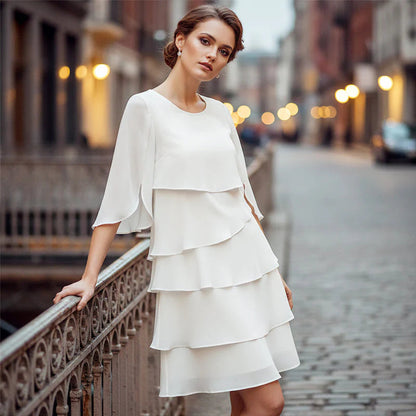 😜40% popust🌸 Elegantna večplastna obleka z okroglim izrezom - udobna in vsestranska, popolna za vsakodnevno nošenje!