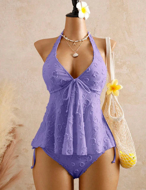 Tankini s halter V-izrezom in volančkom – žakardna tkanina, eleganten krojni videz