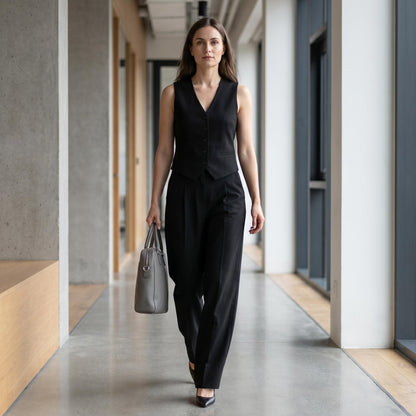 Ženski črni blazer brez rokavov v slogu Chanel: lahek, eleganten poletni komplet