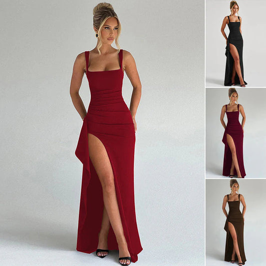 👗 Oprijeta obleka brez rokavov s kvadratnim izrezom in visokimi stranskimi razporki – 6 barv, S–XL