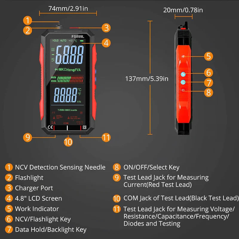 Polnilni digitalni multimeter USB – True RMS, samodejno nastavljanje območja in osvetljen LCD zaslon, CAT III 1000V