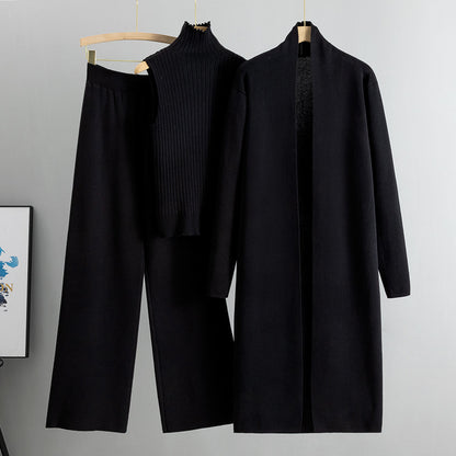 Ženski komplet iz dolgega šal kardigana + puloverja z ovratnikom + širokih hlač