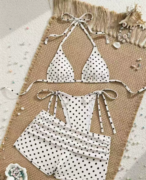 🌊3-delni pikčasti bikini komplet – s stranskimi vezicami, prilagodljiv za vse postave