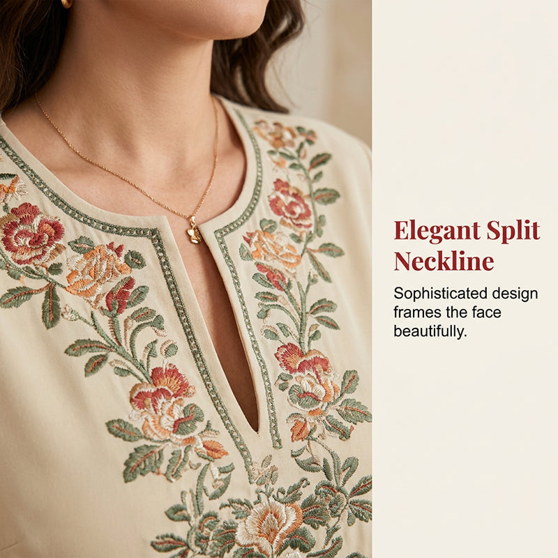 🎁Brezplačno darilo -📿Čudovita ogrlica 🌸 Prefinjena cvetlična vezenina👗 Ohlapen, širok kroj + razporni izrez!