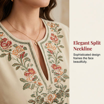 🎁Brezplačno darilo -📿Čudovita ogrlica 🌸 Prefinjena cvetlična vezenina👗 Ohlapen, širok kroj + razporni izrez!