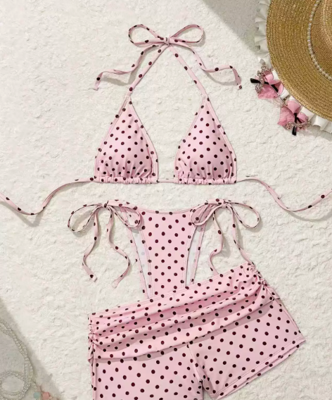 🌊3-delni pikčasti bikini komplet – s stranskimi vezicami, prilagodljiv za vse postave