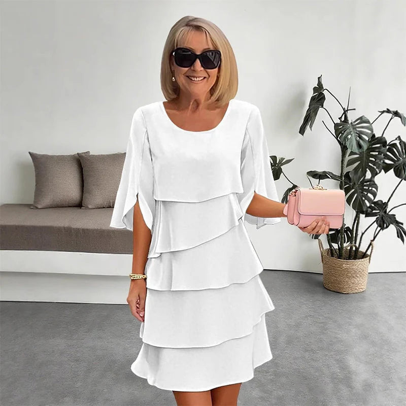 😜40% popust🌸 Elegantna večplastna obleka z okroglim izrezom - udobna in vsestranska, popolna za vsakodnevno nošenje!