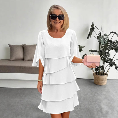 😜40% popust🌸 Elegantna večplastna obleka z okroglim izrezom - udobna in vsestranska, popolna za vsakodnevno nošenje!