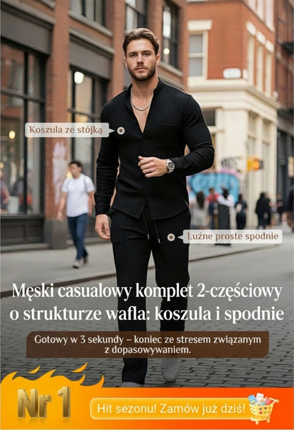 💥Moški dvodelni komplet za prosti čas: pulover z vzorcem vaflja + hlače
