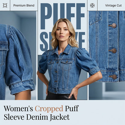 Ženska kratka jeans jakna z napihnjenimi rokavi