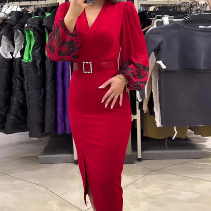 Elegantna rdeča obleka z V-izrezom za ženske
