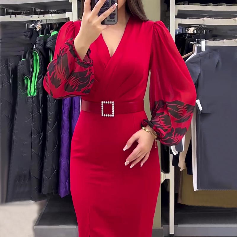 Elegantna rdeča obleka z V-izrezom za ženske